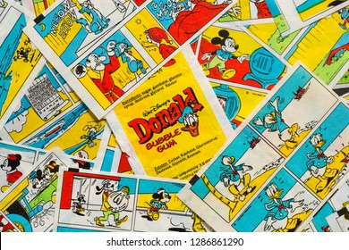 Moscow, Russia - January 13, 2019: Closeup Photo Of Donald Bubble Gum Wrapper Amongst Inserts. - Image