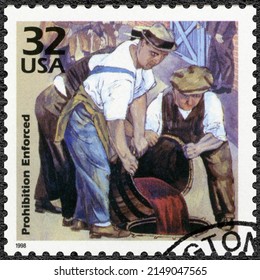 MOSCOW, RUSSIA - JANUARY 15, 2022: A Stamp Printed In USA Shows Prohibition Enforced, Ben Shahn, Series Celebrate The Century, 1920s, 1998