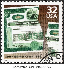 MOSCOW, RUSSIA - JANUARY 15, 2022: A Stamp Printed In USA Shows Stock Market Crash 1929, Black Thursday, Series Celebrate The Century, 1920s, 1998