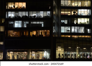 MOSCOW, RUSSIA - JANUARY 16, 2015:  Windows Of The Offices And The Fitness Center In The Skyscraper In Moscow City District, Moscow, January 16, 2015. 