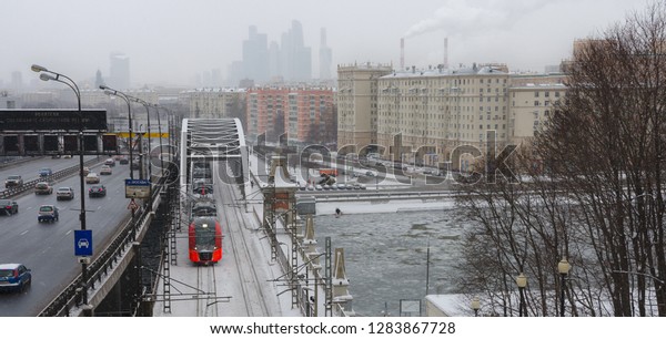 Moscow, Russia - January, 2019: Panorama of Moscow.
View at Third Ring, Moscow Central Circle, Moscow River and
skyscrapers of City.
