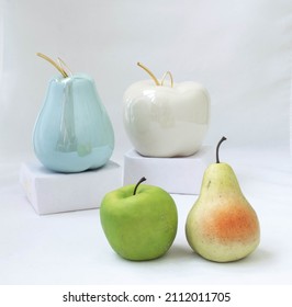 Moscow, Russia, January 2022, Apple And Pear Next To Fruit Sculpture, Art