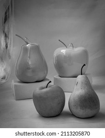 Moscow, Russia, January 2022, Apple And Pear Next To Fruit Sculpture, Art	