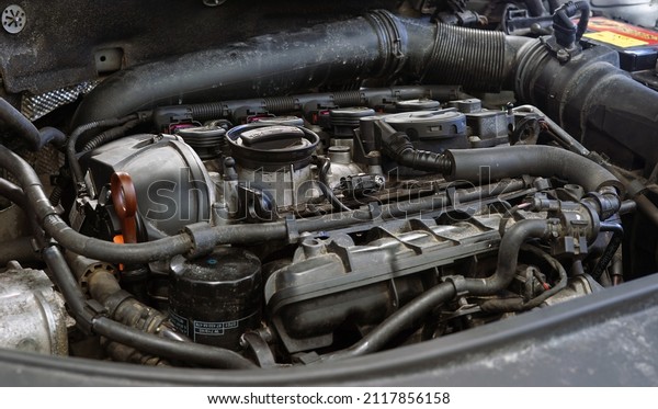 Moscow\
Russia - January 2022: The engine of a modern car. View from above.\
Selective focus. Service, repair and\
diagnostics.