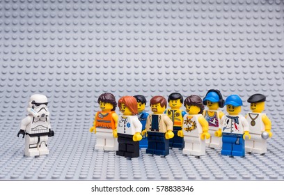 Moscow, Russia - JANUARY 21, 2017: Lego minifigures scene. Stormtrooper in front of an audience. - Shutterstock ID 578838346