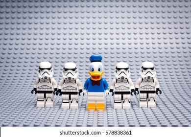 Moscow, Russia - JANUARY 21, 2017: Lego Star Wars minifigures stormtroopers and Donald Duck.