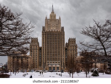 Moscow. Russia.  January 22, 2022: The Ministry of Foreign Affairs of the Russian Federation. Moscow, Smolenskaya Square.. Editorial use only