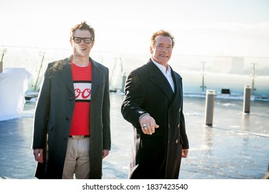 Moscow / Russia - January 25, 2012, Arnold Schwarzenegger, Johnny Knoxville In Front Of Kremlin