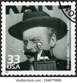 MOSCOW, RUSSIA - JANUARY 26, 2021: A Stamp Printed In USA Shows George Orson Welles (1915-1985), Citizen Kane, Series Celebrate The Century, 1940s, 1999