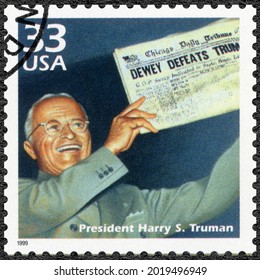 MOSCOW, RUSSIA - JANUARY 26, 2021: A Stamp Printed In USA Shows Harry S Truman (1884-1972), Dewey Defeats Trum, 33th President Of The United States, Series Celebrate The Century, 1940s, 1999