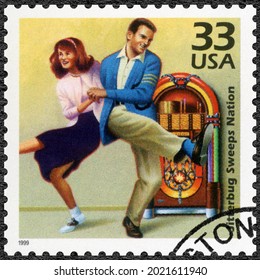 MOSCOW, RUSSIA - JANUARY 26, 2021: A Stamp Printed In USA Shows Dancig Men, Jitterbug Sweeps Nation, Series Celebrate The Century, 1940s, 1999