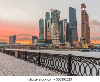 Moscow, Russia - January 3, 2016: Business Center Moscow City In The Winter At Sunset.