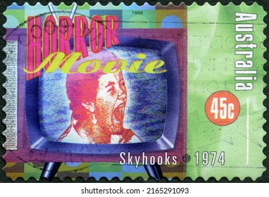 MOSCOW, RUSSIA - JANUARY 30, 2022: A stamp printed in Australia shows Horror movie, Skyhooks, Rock and Roll in Australia, 1998