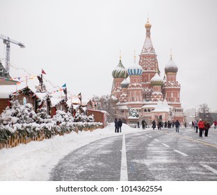 Moscow / Russia - January 31, 2018: St. Basil's Cathedral In Moscow On Red Square Washed Up In Heavy Snow