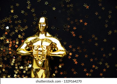 Moscow, Russia - January 31, 2019: Oscar Gold Statue Trophy On A Black Background, Symbol Of The Victory Of The Actor In His Profession. Editorial