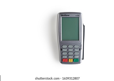 Moscow, Russia - January 5, 2020, Ergonomic Pin Pad For Connecting To The Online Checkout Verifone Vx 820 Ctls On A White Background.