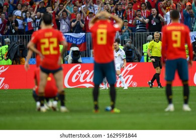 MOSCOW, RUSSIA - JULY 01: Russia's Midfielder Denis Cheryshev Reacts After Scoring In A Penalty Shootout During The Russia 2018 World Cup