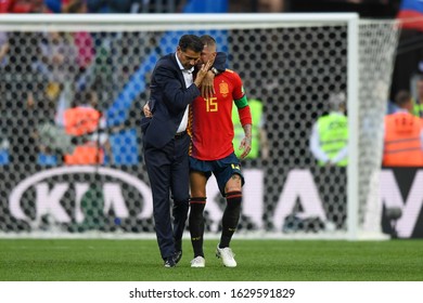 MOSCOW, RUSSIA - JULY 01: Spain's Defender Sergio Ramos Cries As Spain's Coach Fernando Hierro Comforts Him After Loosing The Penalty Shootout Of The Russia 2018 World Cup