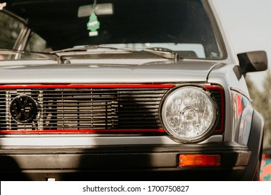 Moscow, Russia - July 06, 2019: Close-up of the front of the old vintage Volkswagen Golf with round headlights. The first generation of the car.