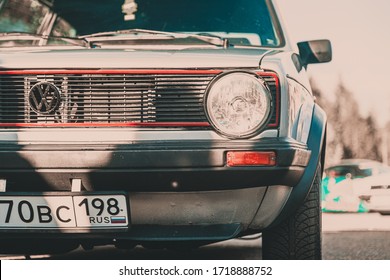 Moscow, Russia - July 06, 2019: Close-up of the front of the old vintage Volkswagen Golf with round headlights. The first generation of the car.