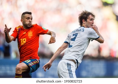 Moscow, Russia - July 1, 2018. Russia National Football Team Defender Mario Fernandes And Spain Left-back Jordi Alba During FIFA World Cup 2018 Round Of 16 Match Spain Vs Russia.