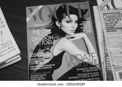 Moscow, Russia - July 1, 2021: Vintage Vogue Magazines In Black And White; Vogue Is American Fashion And Lifestyle Magazine That Covers Fashion, Beauty, Culture, Living, Runway; Rooney Mara Cover