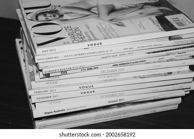 Moscow, Russia - July 1, 2021: Vintage Vogue Magazines In Black And White; Vogue Is American Fashion And Lifestyle Magazine That Covers Fashion, Beauty, Culture, Living, Runway; Charlize Theron Cover