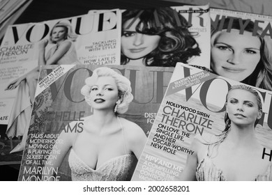 Moscow, Russia - July 1, 2021: Vintage Vogue Magazines; Vogue Is American Fashion And Lifestyle Magazine That Covers Fashion, Beauty, Culture, Living, Runway; Charlize Theron, Michelle Williams Cover