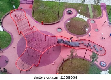 Moscow, Russia - July 10, 2022 - Outdoor Playground For Sports And Outdoor Activities. Children Playing On The Grid With Obstacles, Top View