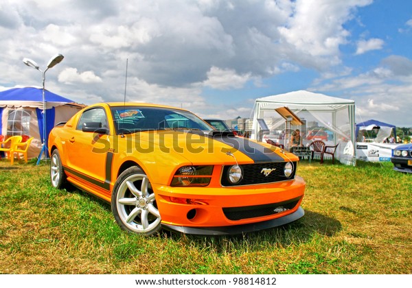 MOSCOW, RUSSIA - JULY 10: American muscle\
car Ford Mustang exhibited at the annual International Motor show\
\