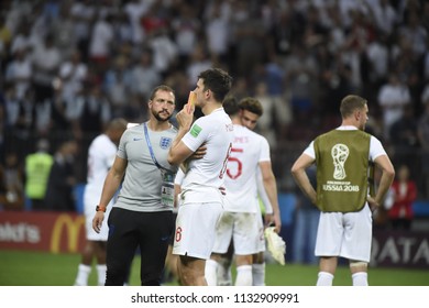 MOSCOW, RUSSIA - July 11, 2018:  FIFA 2018 World Cup in the semi finals football match between England and Croatia at Luzhniki Stadium.