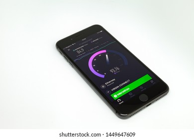 Moscow / Russia - July 13, 2019: Black iPhone 8 Plus on a white background. On the screen, the program Speedtest