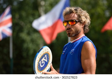 MOSCOW, RUSSIA - JULY 17, 2015: Alessandro Calbucci of Italy in the match of the ITF Beach Tennis World Team Championship against Germany. Italy won the match 3-0