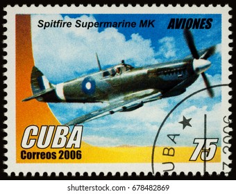 Moscow, Russia - July 17, 2017: A Stamp Printed In Cuba Shows Old British Single-seat Fighter Aircraft Of World War II - Spitfire Supermarine MK, Series 