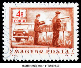 MOSCOW, RUSSIA - JULY 19, 2019: Postage Stamp Printed In Hungary Shows Rural Mail Delivery, Postage Due Serie, Circa 1973