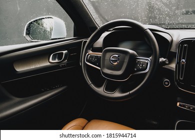 MOSCOW, RUSSIA - JULY 19, 2020 VOLVO XC40 Inscription interior close up view. Volvo logo on steering wheel close up view. Volvo company bage close up. 4WD Swedish compact SUV with 2.0 T5 engine.