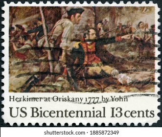 MOSCOW, RUSSIA - JULY 19, 2020: A Stamp Printed In USA Shows American Militia Led By  Brigadier General Nicholas Herkimer (1728-1777), American Bicentennial Issue Battle Of Oriskany, 1977