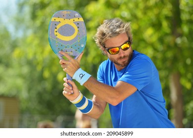MOSCOW, RUSSIA - JULY 20, 2014: Alessandro Calbucci of Italy in the final match against Brazil during ITF Beach Tennis World Team Championship. Italy won 2-0