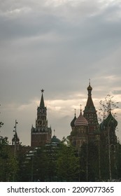 MOSCOW, RUSSIA - JULY 20, 2019: Kremlin Skyline, St. Basil's Cathedral And The GUM Department Store