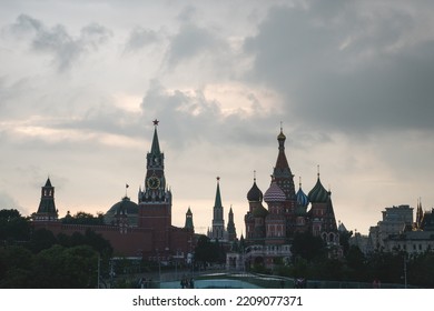 MOSCOW, RUSSIA - JULY 20, 2019: Kremlin Skyline, St. Basil's Cathedral And The GUM Department Store