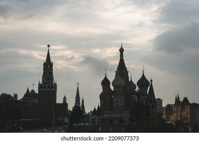 MOSCOW, RUSSIA - JULY 20, 2019: Kremlin Skyline, St. Basil's Cathedral And The GUM Department Store