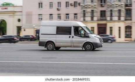 Moscow, Russia - July 2021: Ford Transit Third Generation In The City Street. Side View Of White Panel Van, Light Commercial Vehicle