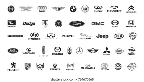 Moscow, Russia - July 21, 2017: Collection of popular car logos, printed on paper in black inks 
