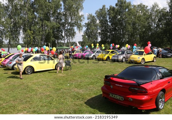 MOSCOW, RUSSIA - JULY 23, 2021: Car. Volkswagen\
Beetle. Automobile on street of Moscow city, Russia. Unusual tuning\
car. Custom car, customized cars. Tuning auto, cars at Tuning Open\
Fest in Moscow