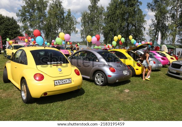 MOSCOW, RUSSIA - JULY 23, 2021: Car. Volkswagen\
Beetle. Automobile on street of Moscow city, Russia. Unusual tuning\
car. Custom car, customized cars. Tuning auto, cars at Tuning Open\
Fest in Moscow