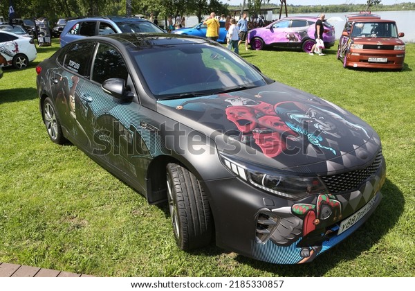 MOSCOW, RUSSIA - JULY 23, 2021: Car. Automobile on\
street of Moscow city, Russia. Unusual tuning car. Custom car,\
customized cars. Tuning auto, cars at Tuning Open Fest in Moscow.\
Custom paint cars