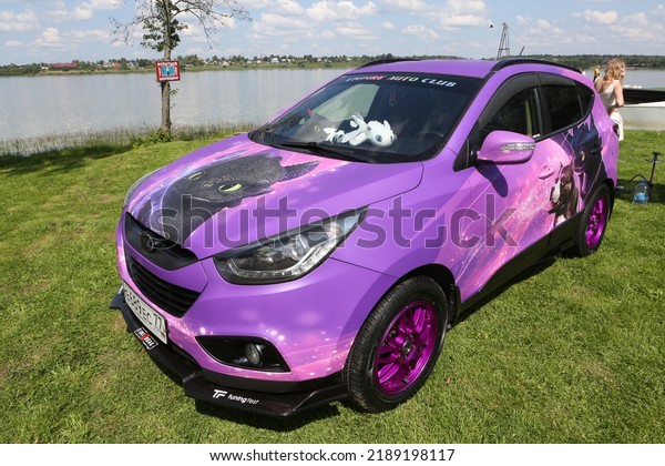 MOSCOW, RUSSIA - JULY 23, 2021: Car. Automobile on
street of Moscow city, Russia. Unusual tuning car. Custom car,
customized cars. Tuning auto, cars at Tuning Open Fest in Moscow.
Custom paint cars