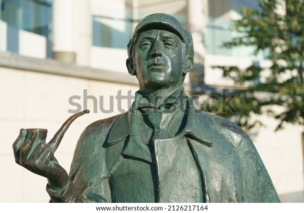 Moscow, Russia - July 24, 2021: Photography of the\
Sherlock Holmes monument. The face of actor Vasily Livanov. He is\
recognized as the best Sherlock Holmes. Awarded the Order of the\
British Empire