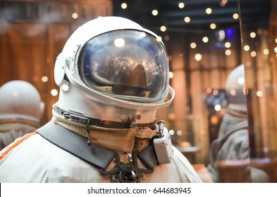 MOSCOW, RUSSIA - July 25, 2015: Astronaut Spacesuit In Museum Of Cosmonautics