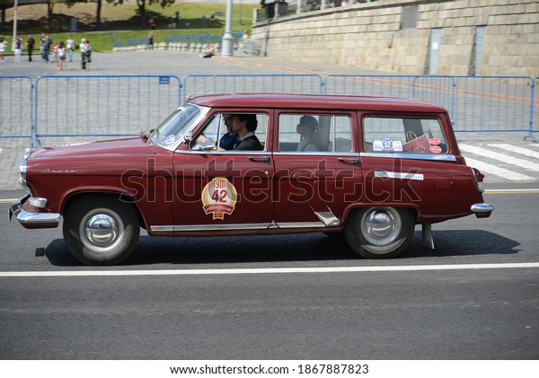 MOSCOW, RUSSIA — JULY 26,
2014:  GAZ-22 Volga estate station wagon 1960s USSR car at old cars
public exhibition event nearby GUM store in the center of Moscow
city.